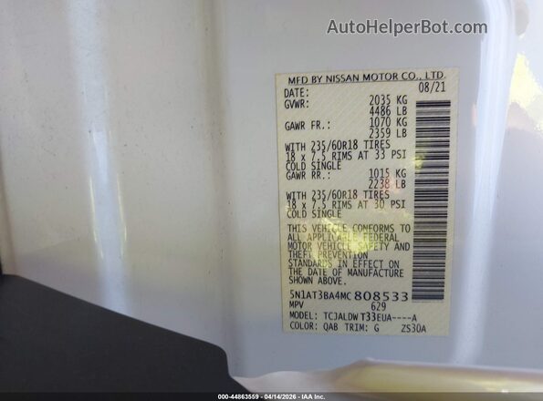 5N1AT3BA4MC808533 2021 NISSAN ROGUE White Շարժիչի բաժամունքի տեսք