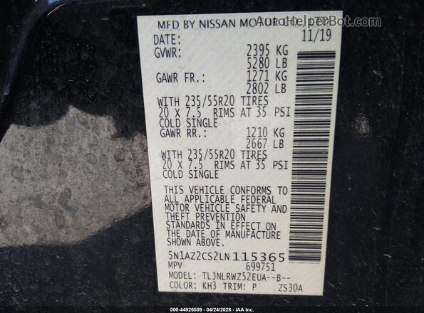 5N1AZ2CS2LN115365 2020 NISSAN MURANO Черный Вид подкапотного пространства