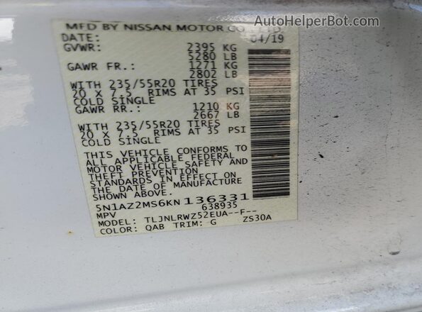 5N1AZ2MS6KN136331 2019 NISSAN MURANO Белый Панорамный вид салона 360°