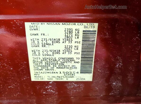 5N1AZ2MS8KN150554 2019 NISSAN MURANO Maroon Widok naklejki z numerem VIN