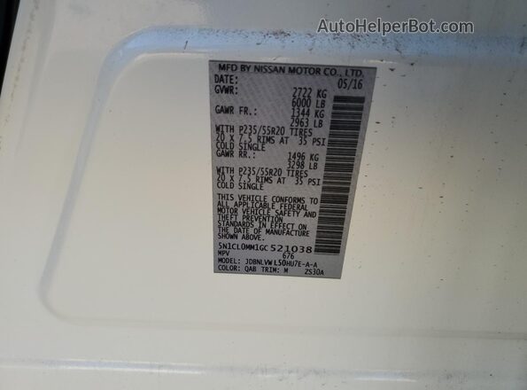 5N1CL0MM1GC521038 2016 INFINITI QX60 White Widok naklejki z numerem VIN