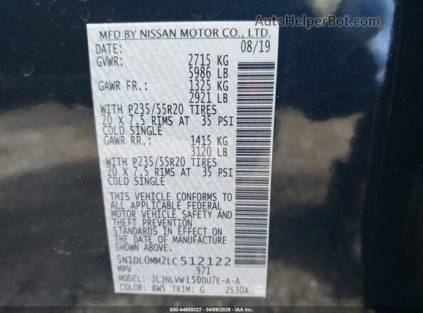 5N1DL0MM2LC512122 2020 INFINITI QX60 Blue Widok komory silnika