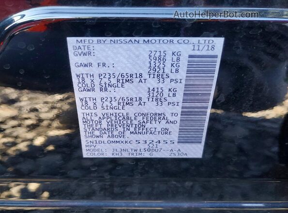 5N1DL0MMXKC532455 2019 INFINITI QX60 Black Widok naklejki z numerem VIN