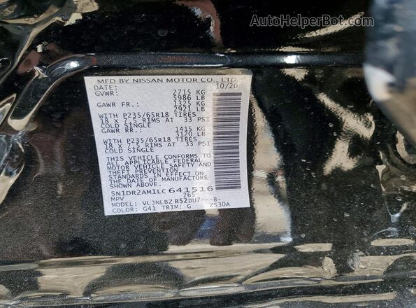5N1DR2AM1LC641516 2020 NISSAN PATHFINDER Black VIN კოდის სტიკერის ხედი