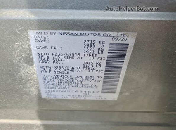 5N1DR2AM5LC634617 2020 NISSAN PATHFINDER Серый Панорамный вид салона 360°