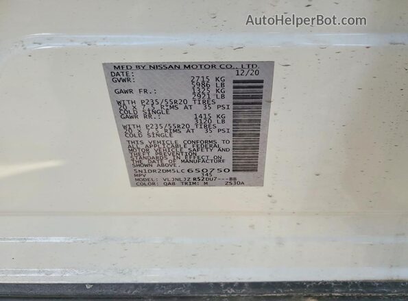 5N1DR2DM5LC650750 2020 NISSAN PATHFINDER White Սալոնի 360 աստիճան տեսք