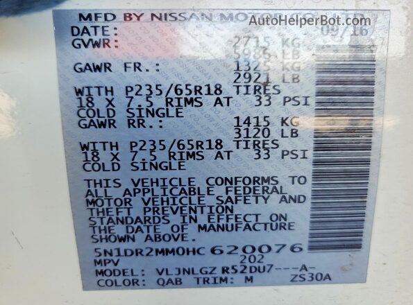 5N1DR2MM0HC620076 2017 NISSAN PATHFINDER Белый Вид наклейки с VIN-кодом