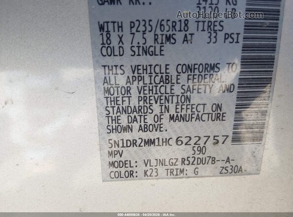 5N1DR2MM1HC622757 2017 NISSAN PATHFINDER Silver Widok komory silnika