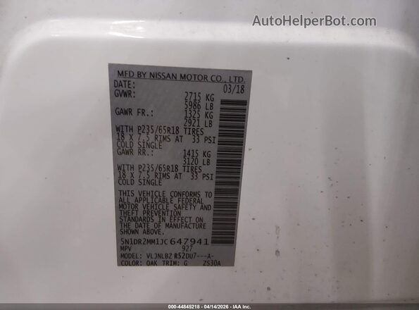 5N1DR2MM1JC647941 2018 NISSAN PATHFINDER White Widok komory silnika