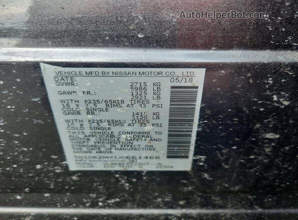 5N1DR2MM1JC661466 2018 NISSAN PATHFINDER Gray Vista de la etiqueta del VIN