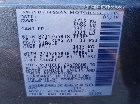 5N1DR2MM2JC662450 2018 NISSAN PATHFINDER Gray Вид наклейки з VIN-кодом