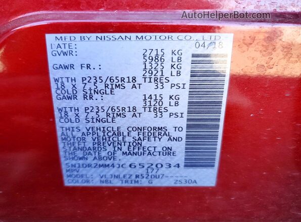 5N1DR2MM4JC652034 2018 NISSAN PATHFINDER Бордовый Вид наклейки с VIN-кодом