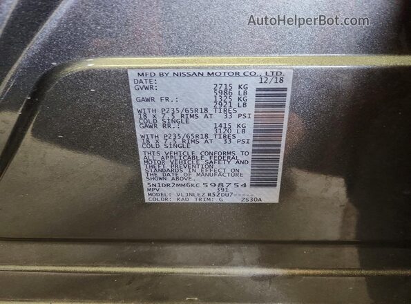 5N1DR2MM6KC598754 2019 NISSAN PATHFINDER Gray VIN կոդի պիտակի տեսք