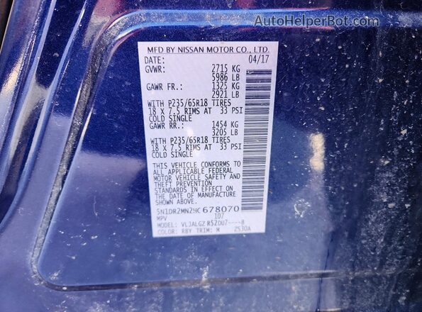 5N1DR2MN2HC678070 2017 NISSAN PATHFINDER Синий Вид наклейки с VIN-кодом