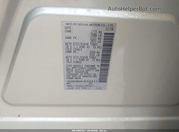 5N1DR2MN3HC650312 2017 NISSAN PATHFINDER Silver Vista del compartimento del motor