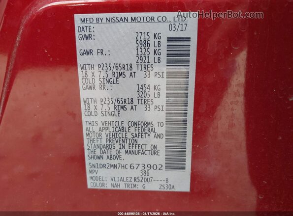 5N1DR2MN7HC673902 2017 NISSAN PATHFINDER Red Вид підкапотного простору