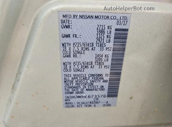 5N1DR2MN9HC673576 2017 NISSAN PATHFINDER Серебряный Вид наклейки с VIN-кодом