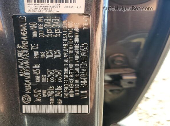 5NMJB3AE3NH090536 2022 HYUNDAI TUCSON Серый Вид наклейки с VIN-кодом