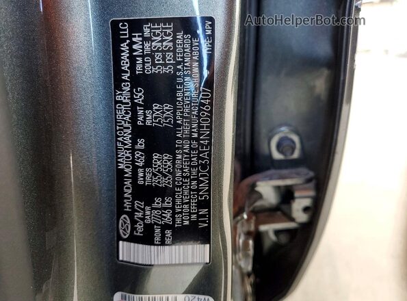 5NMJC3AE4NH096407 2022 HYUNDAI TUCSON Gray Widok naklejki z numerem VIN