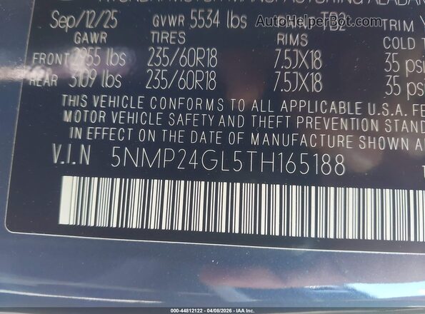 5NMP24GL5TH165188 2026 HYUNDAI SANTA FE Blue Vista del compartimento del motor