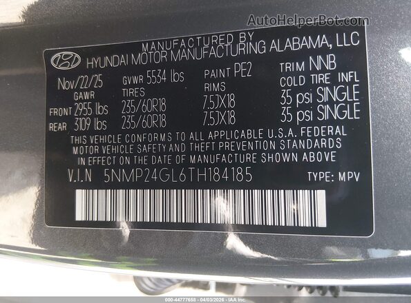 5NMP24GL6TH184185 2026 HYUNDAI SANTA FE Gray Vista del compartimento del motor