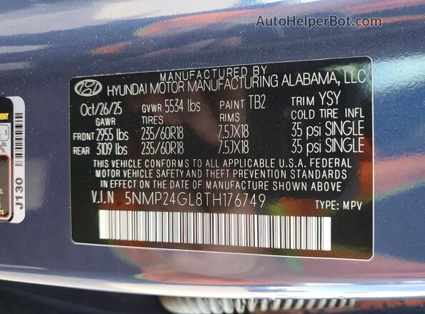 5NMP24GL8TH176749 2026 HYUNDAI SANTA Blue Widok naklejki z numerem VIN