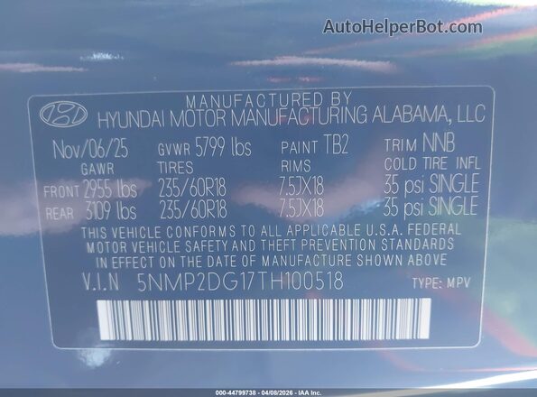 5NMP2DG17TH100518 2026 HYUNDAI SANTA FE HYBRID Blue Engine compartment view