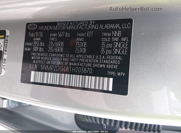 5NMP2DGL8TH203870 2026 HYUNDAI SANTA FE Silver Vista del compartimento del motor