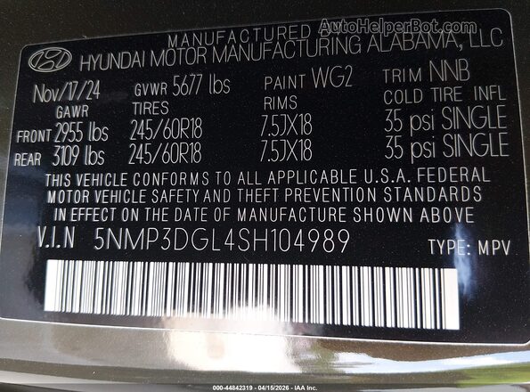5NMP3DGL4SH104989 2025 HYUNDAI SANTA FE Green Вид підкапотного простору
