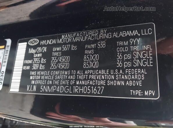5NMP4DGL1RH051627 2024 HYUNDAI SANTA FE Черный Вид подкапотного пространства