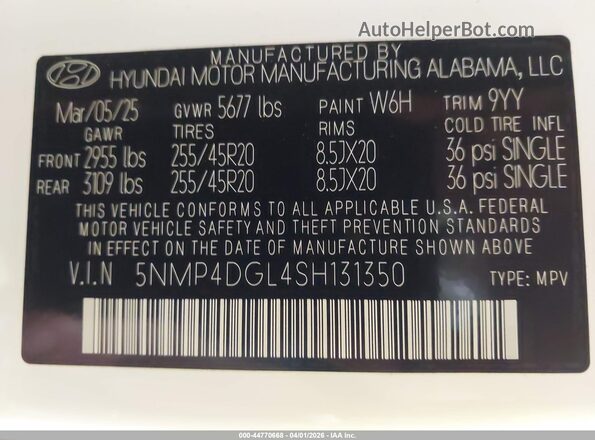 5NMP4DGL4SH131350 2025 HYUNDAI SANTA FE White Vista del compartimento del motor