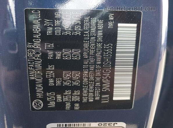 5NMP54GL0SH135635 2025 HYUNDAI SANTA FE CALLIGRAPHY Blue VIN կոդի պիտակի տեսք