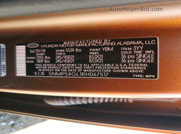 5NMP54GL1RH067517 2024 HYUNDAI SANTA FE CALLIGRAPHY Brown Vista del compartimento del motor
