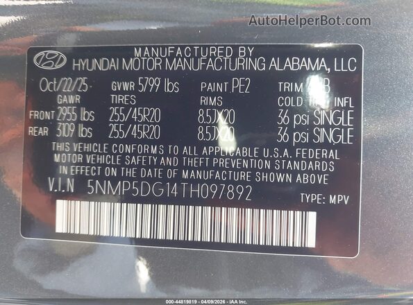 5NMP5DG14TH097892 2026 HYUNDAI SANTA FE HYBRID Gray Вид підкапотного простору