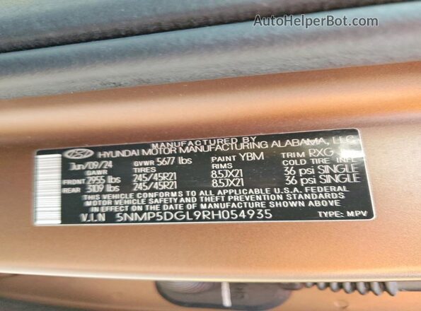 5NMP5DGL9RH054935 2024 HYUNDAI SANTA FE CALLIGRAPHY Коричневый Панорамный вид салона 360°