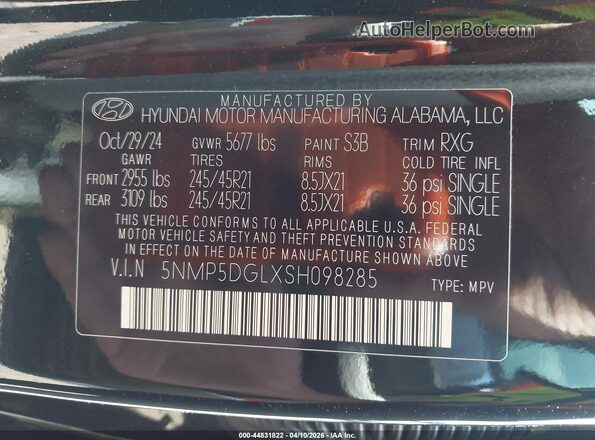5NMP5DGLXSH098285 2025 HYUNDAI SANTA FE CALLIGRAPHY Black Vista del compartimento del motor