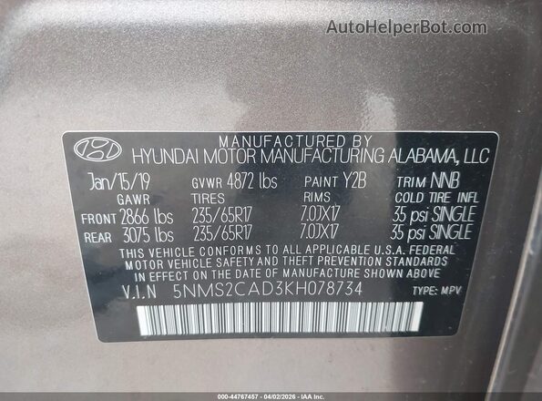 5NMS2CAD3KH078734 2019 HYUNDAI SANTA FE Коричневый Вид подкапотного пространства