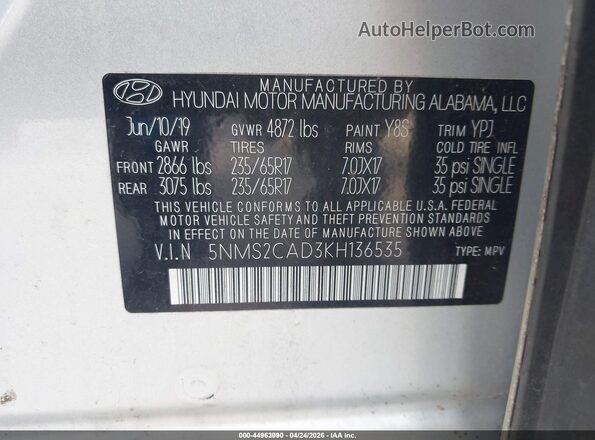 5NMS2CAD3KH136535 2019 HYUNDAI SANTA FE Silver Вид підкапотного простору
