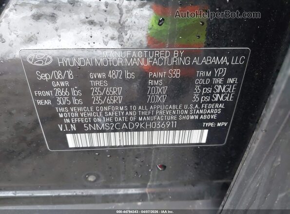 5NMS2CAD9KH036911 2019 HYUNDAI SANTA FE Black Widok komory silnika
