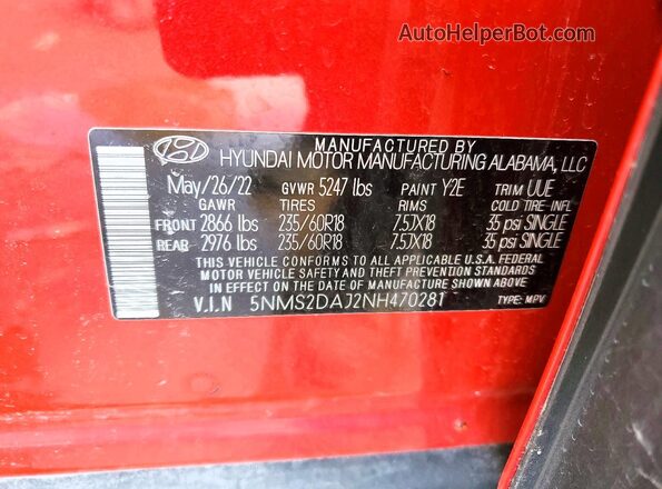 5NMS2DAJ2NH470281 2022 HYUNDAI SANTA Red Vista del compartimento del motor