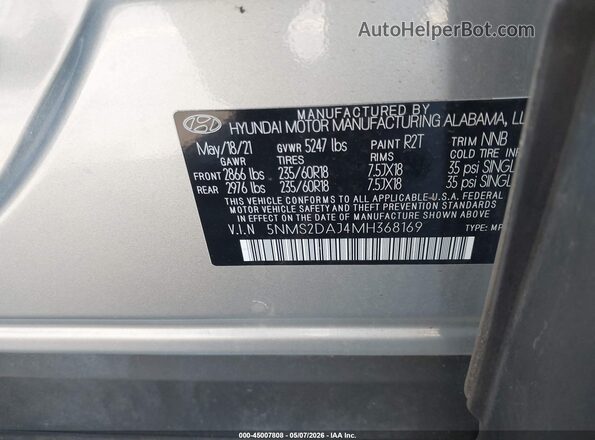 5NMS2DAJ4MH368169 2021 HYUNDAI SANTA FE Серебряный Вид подкапотного пространства