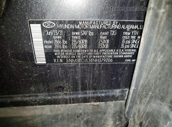 5NMS2DAJ4NH379206 2022 HYUNDAI SANTA Gray Вид наклейки з VIN-кодом