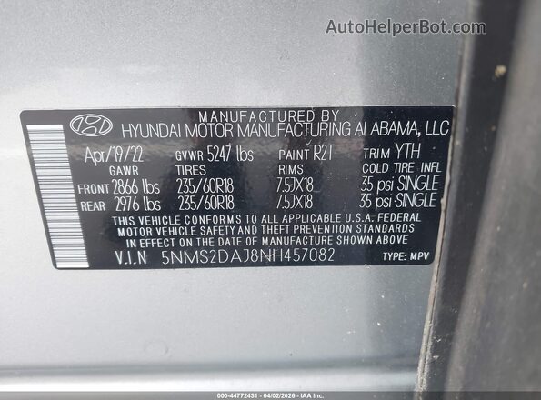 5NMS2DAJ8NH457082 2022 HYUNDAI SANTA FE Silver Widok komory silnika