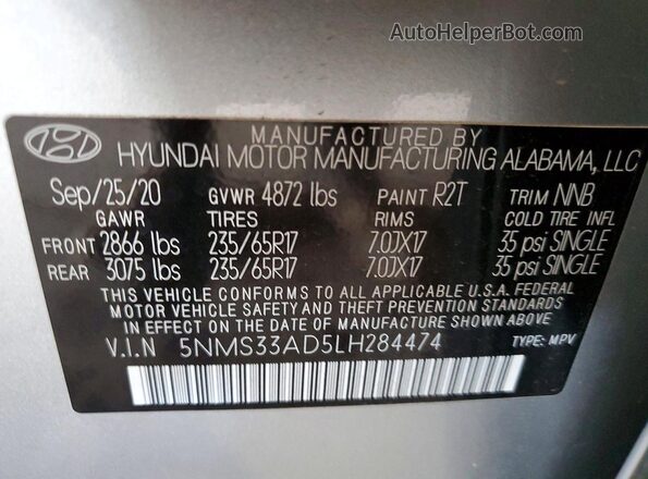 5NMS33AD5LH284474 2020 HYUNDAI SANTA Серебряный Вид подкапотного пространства