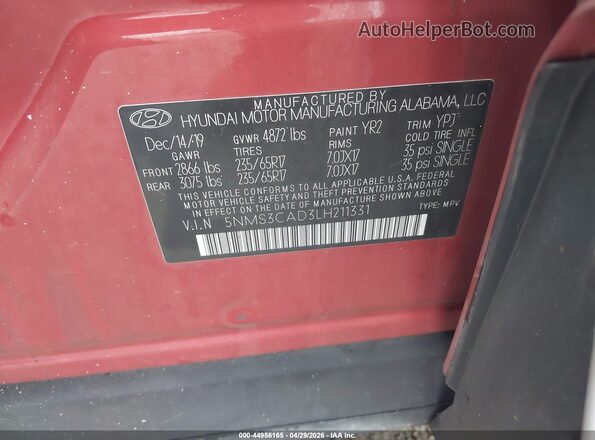 5NMS3CAD3LH211331 2020 HYUNDAI SANTA FE Red Widok komory silnika