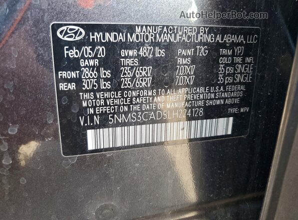 5NMS3CAD5LH224128 2020 HYUNDAI SANTA Серый Вид подкапотного пространства
