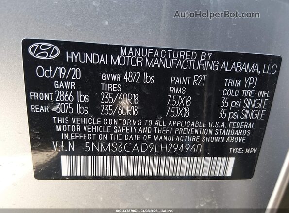5NMS3CAD9LH294960 2020 HYUNDAI SANTA FE Silver Շարժիչի բաժամունքի տեսք