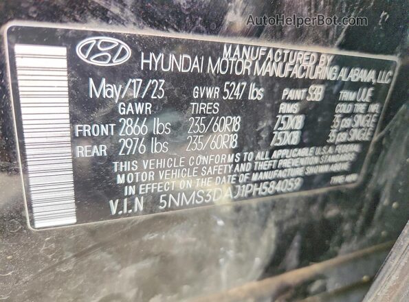 5NMS3DAJ1PH584059 2023 HYUNDAI SANTA Черный Вид наклейки с VIN-кодом