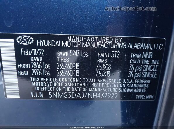 5NMS3DAJ7NH432929 2022 HYUNDAI SANTA FE Синий Вид подкапотного пространства