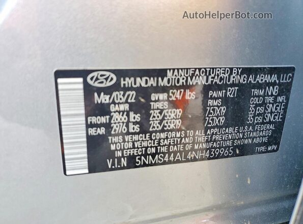 5NMS44AL4NH439965 2022 HYUNDAI SANTA Silver VIN կոդի պիտակի տեսք